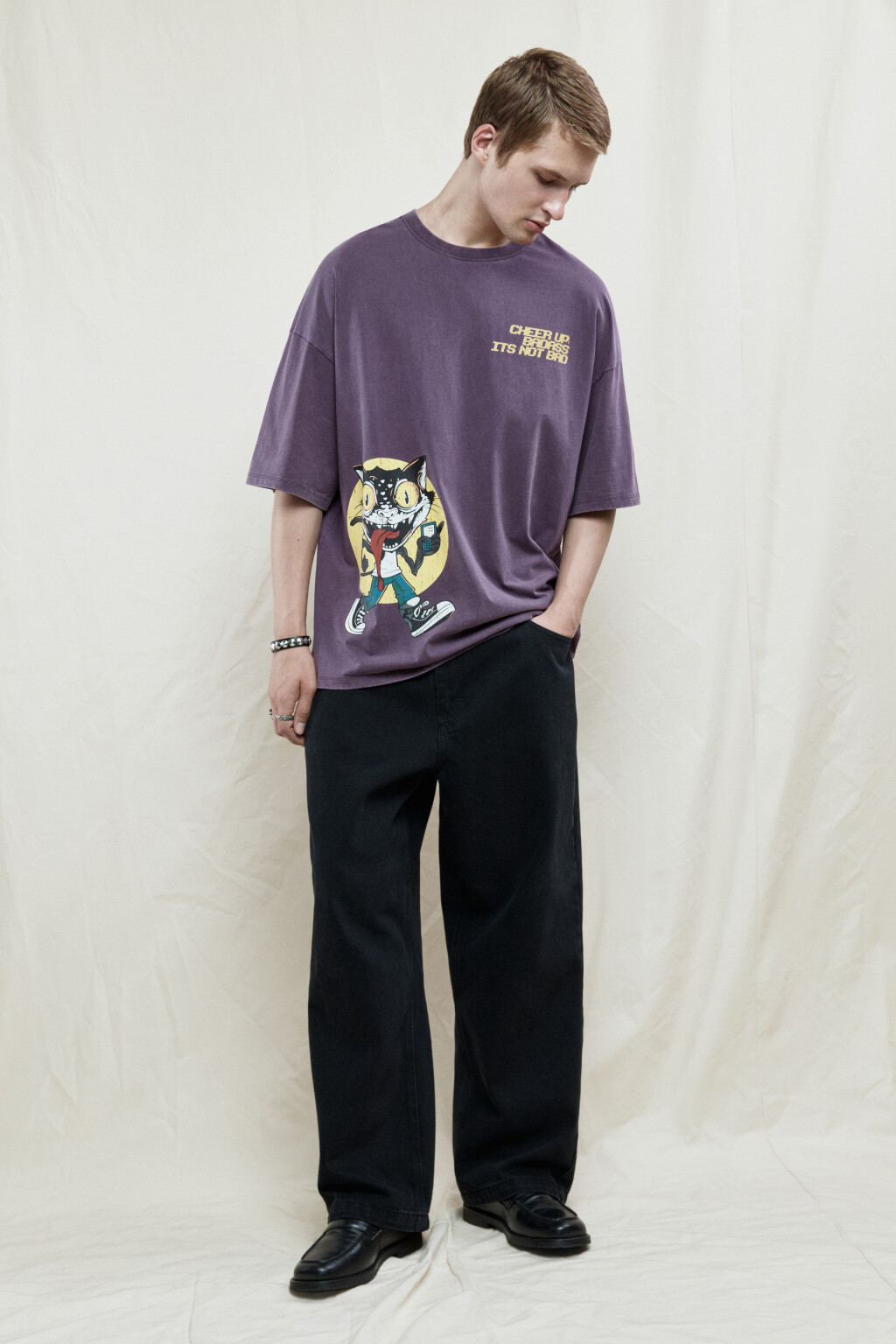 Футболка oversize хлопковая с принтом - цвет бордовый - 1