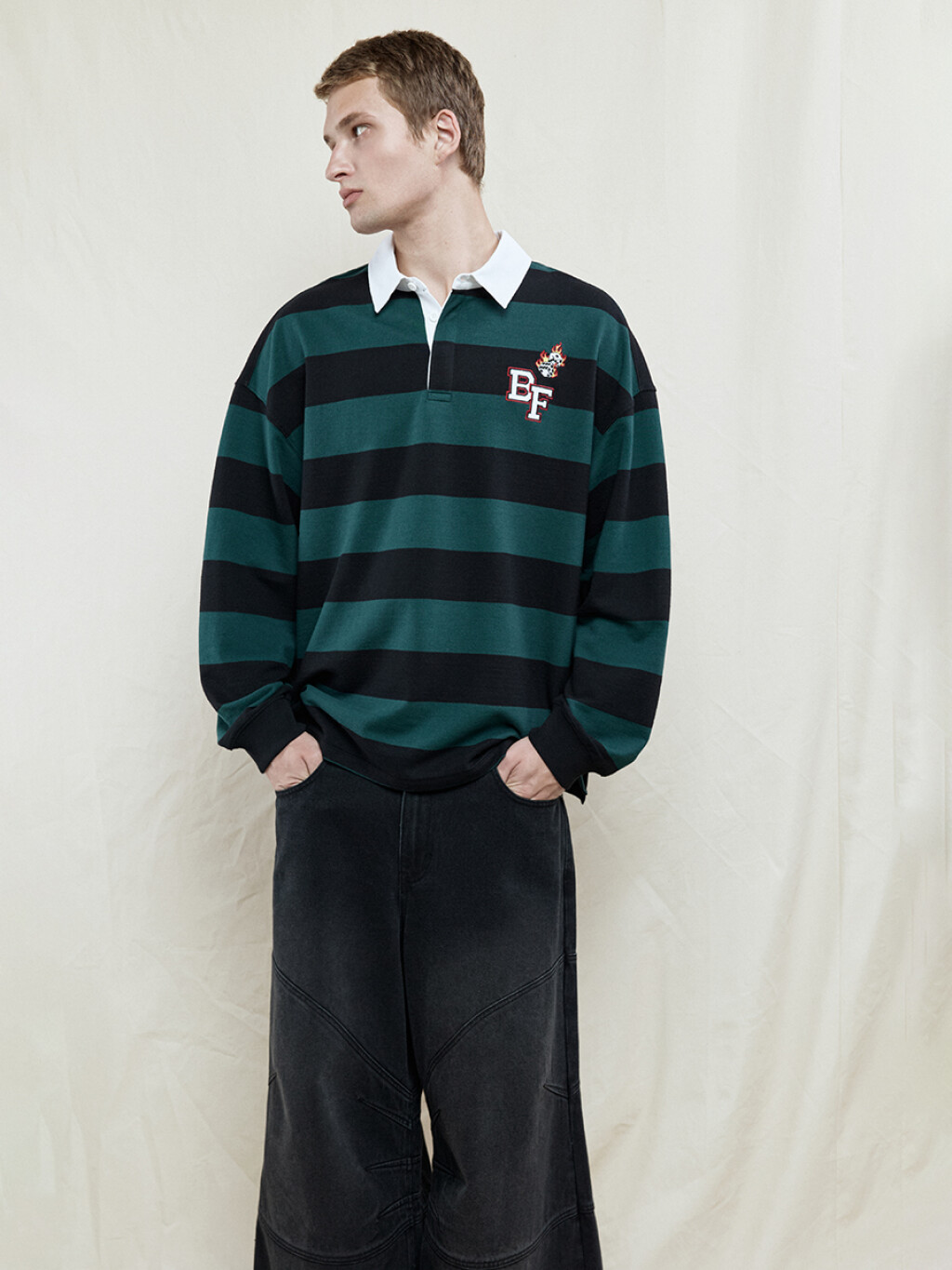 Джемпер-поло в полоску с вышивкой на груди - цвет зеленый - 1