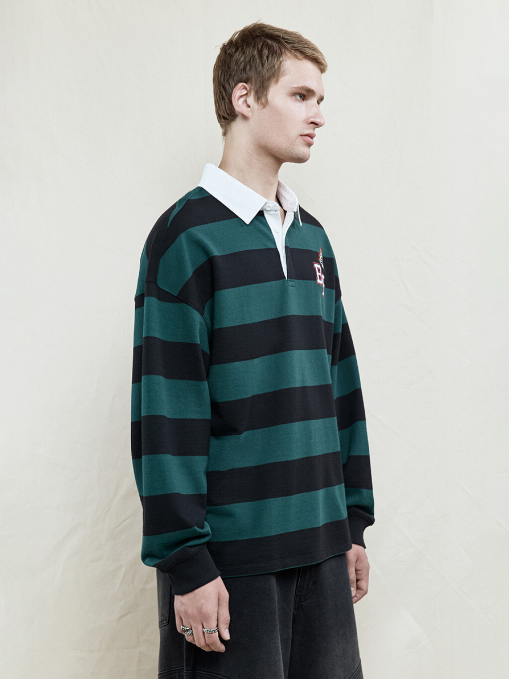 Джемпер-поло в полоску с вышивкой на груди - цвет зеленый - 3