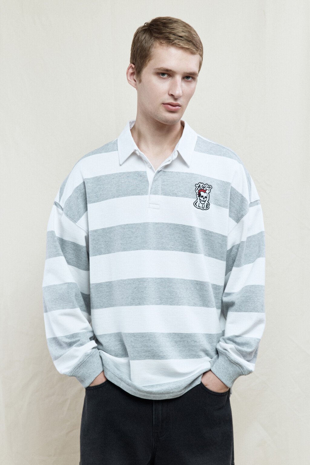 Джемпер-поло в полоску с вышивкой на груди - цвет серый - 3