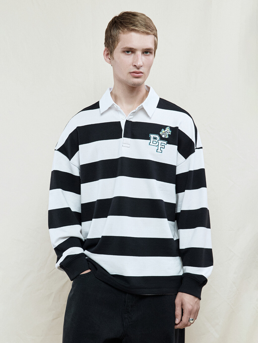 Джемпер-поло в полоску с вышивкой на груди - цвет черный - 2