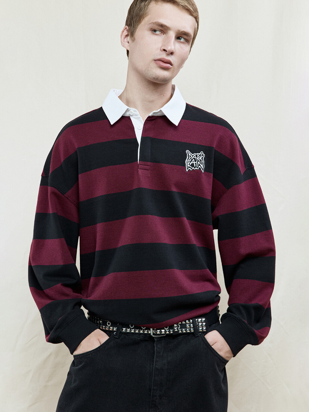 Джемпер-поло в полоску с вышивкой на груди - цвет бордовый - 1