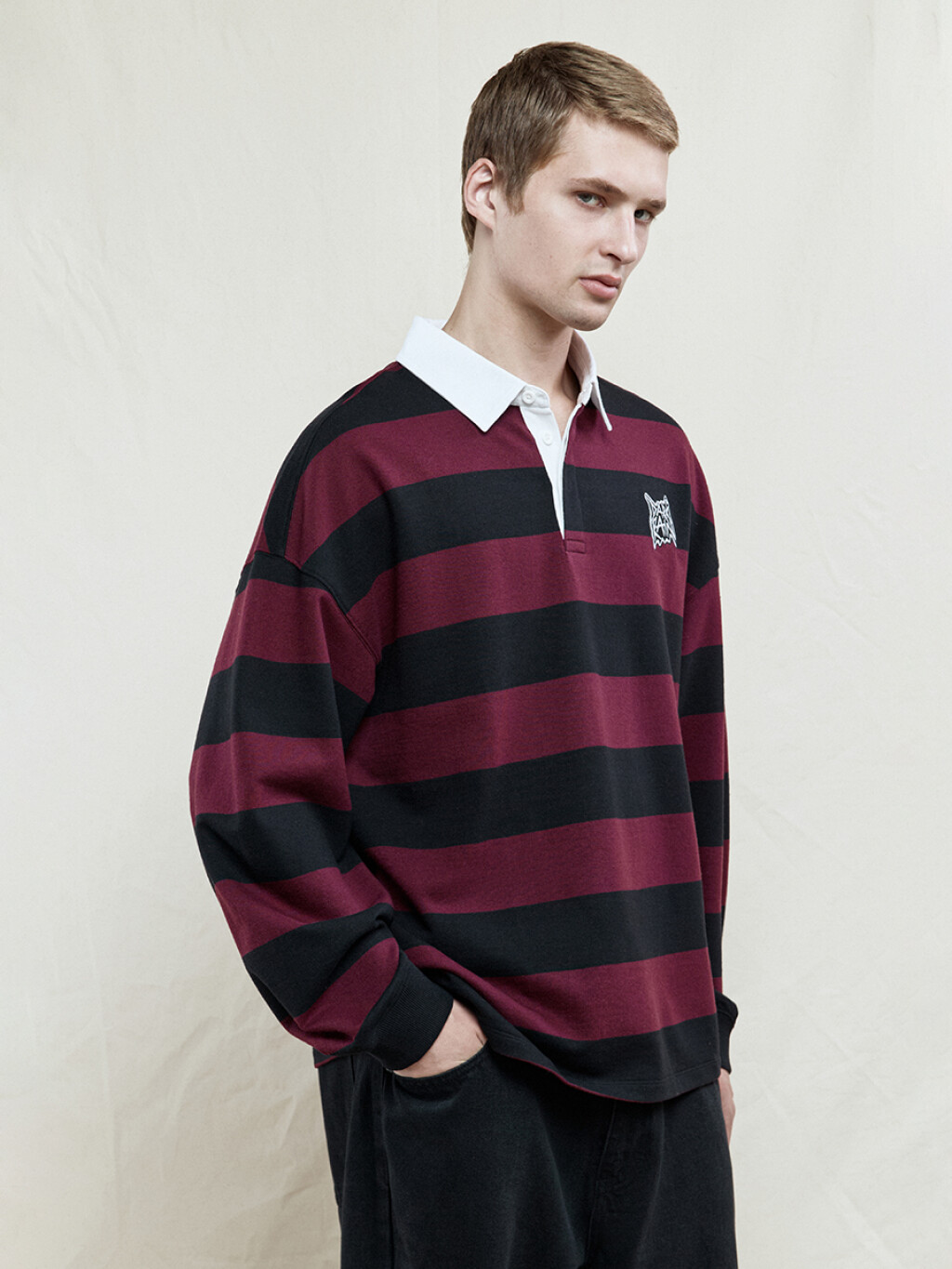 Джемпер-поло в полоску с вышивкой на груди - цвет бордовый - 3