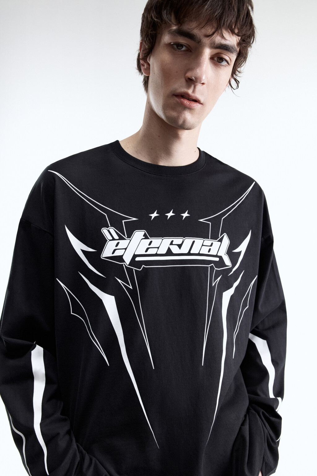 Лонгслив хлопковый с принтом в спортивном стиле - цвет черный - 1