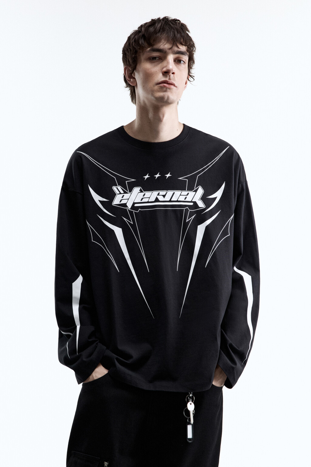 Лонгслив хлопковый с принтом в спортивном стиле - цвет черный - 2