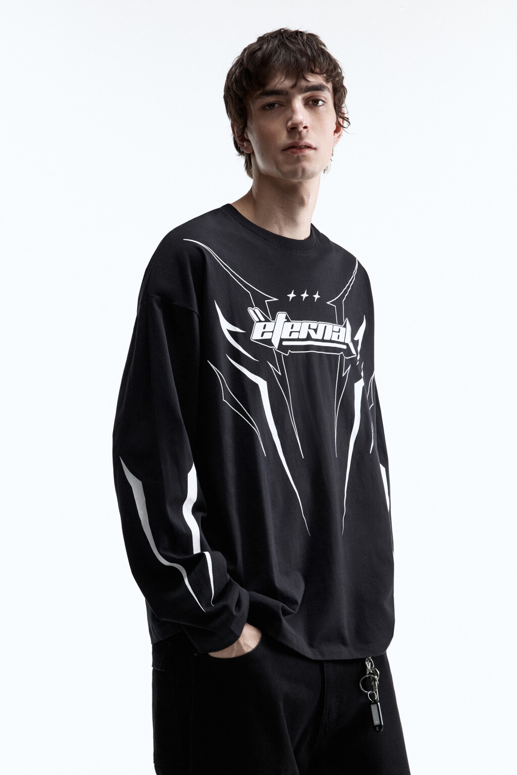 Лонгслив хлопковый с принтом в спортивном стиле - цвет черный - 3