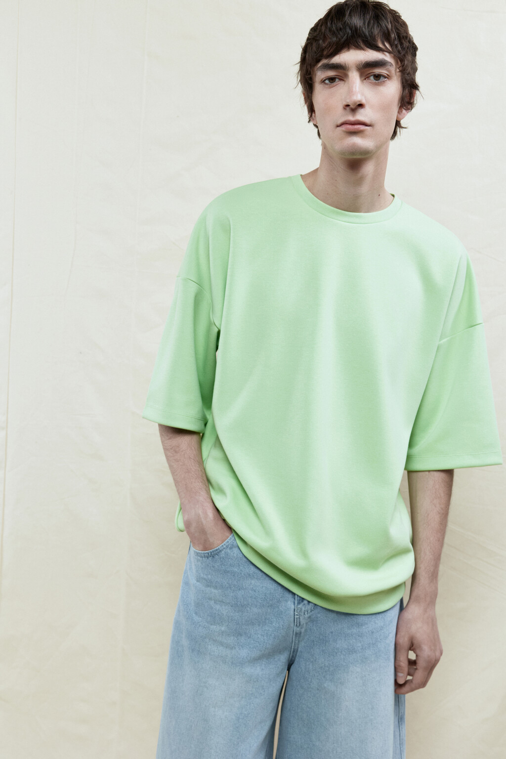 Футболка oversize с резинкой в рубчик - цвет зеленый - 1