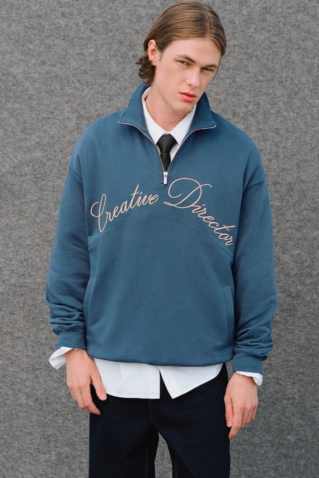 Толстовка half-zip из футера с принтом-надписью - цвет синий - 10