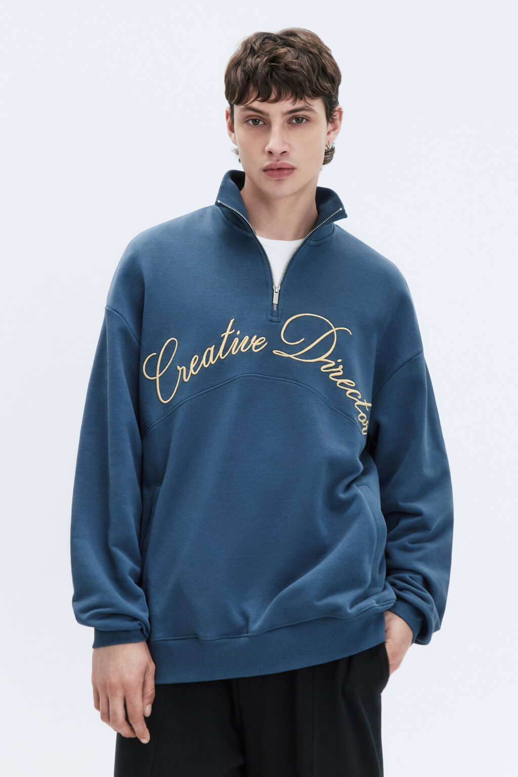 Толстовка half-zip из футера с принтом-надписью - цвет синий - 3