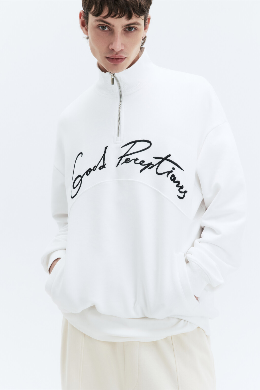 Толстовка half-zip из футера с принтом-надписью - цвет белый - 2