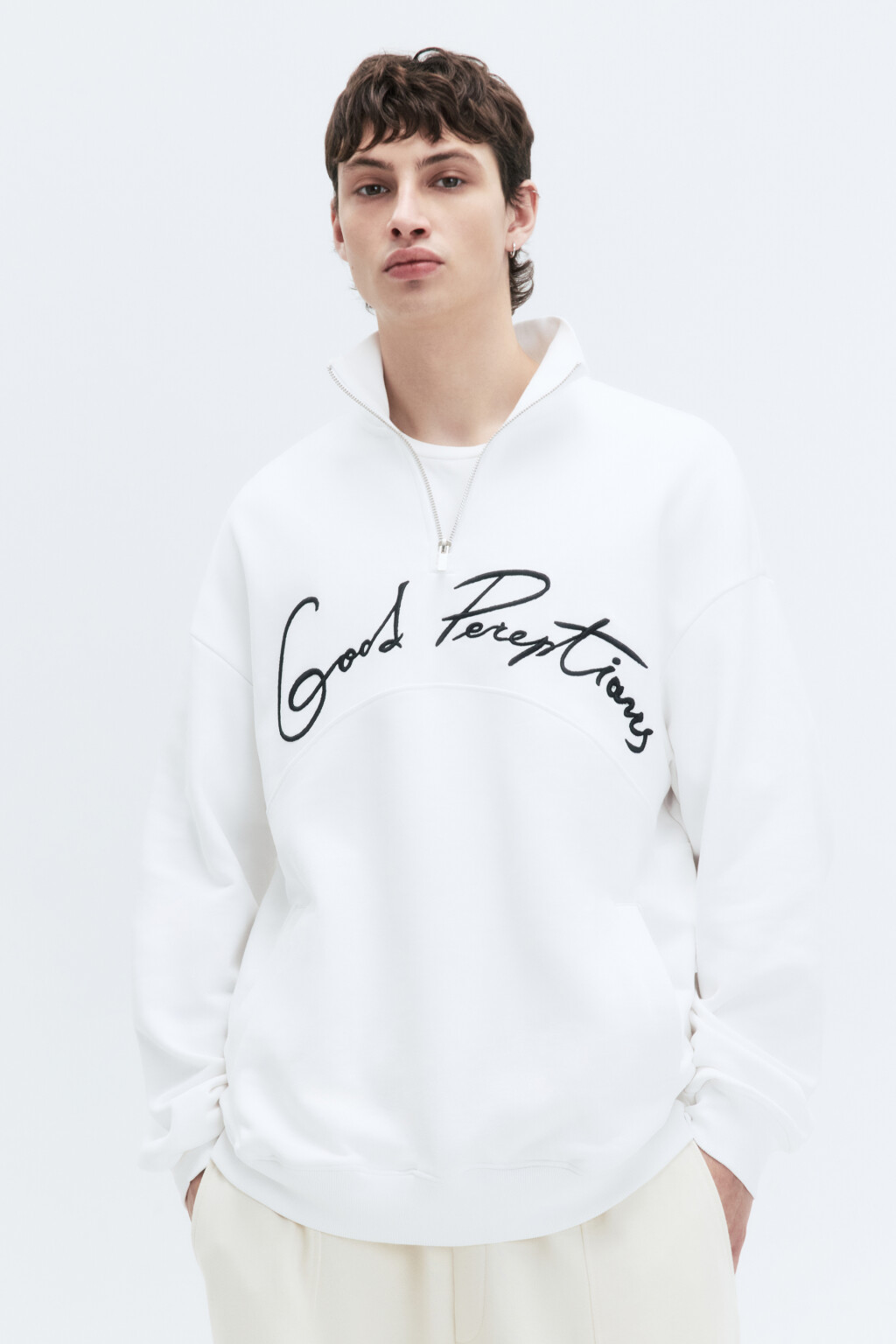 Толстовка half-zip из футера с принтом-надписью - цвет белый - 3