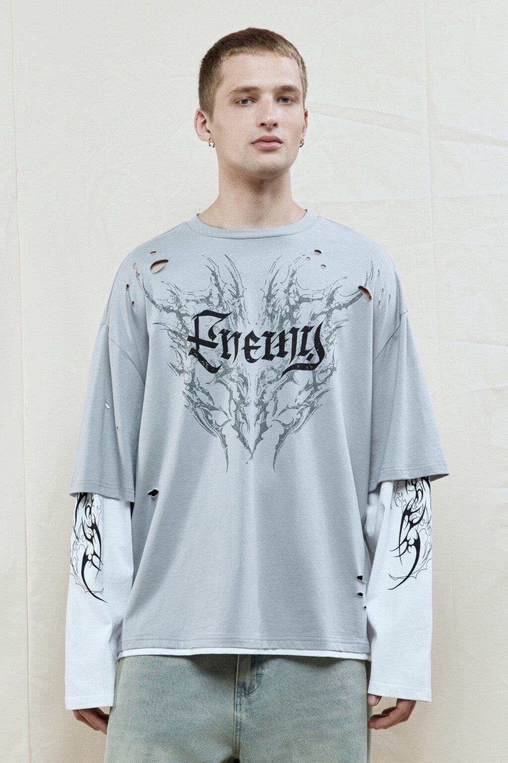 Лонгслив oversize с двойными рукавами и принтом - цвет черный - 2