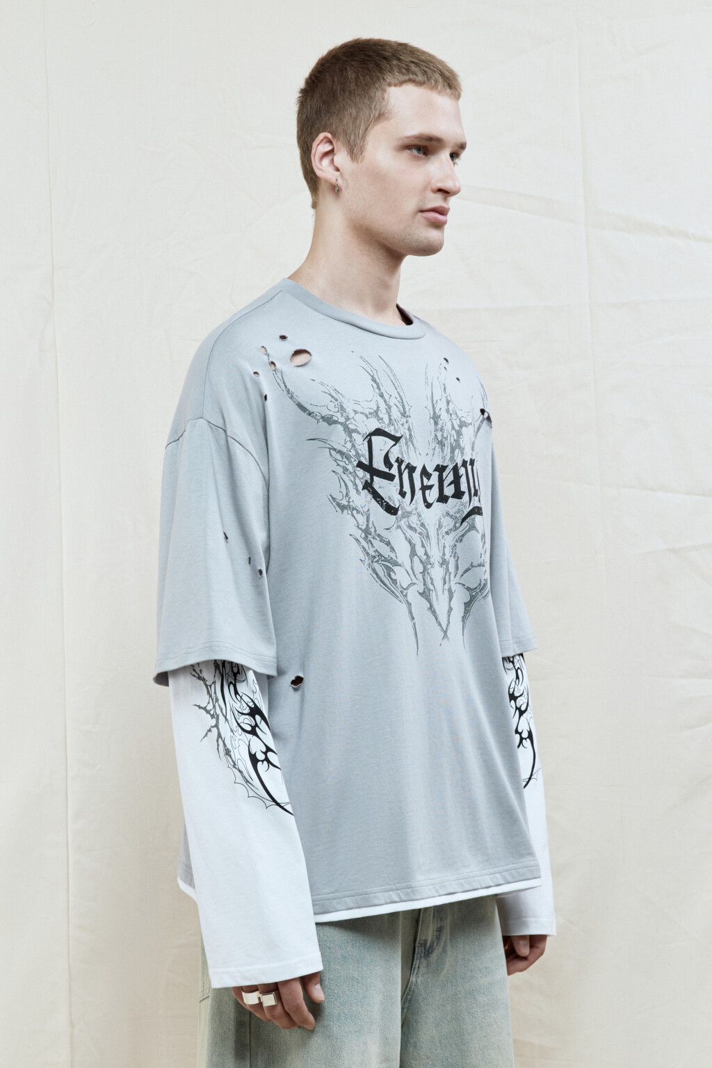 Лонгслив oversize с двойными рукавами и принтом - цвет черный - 3