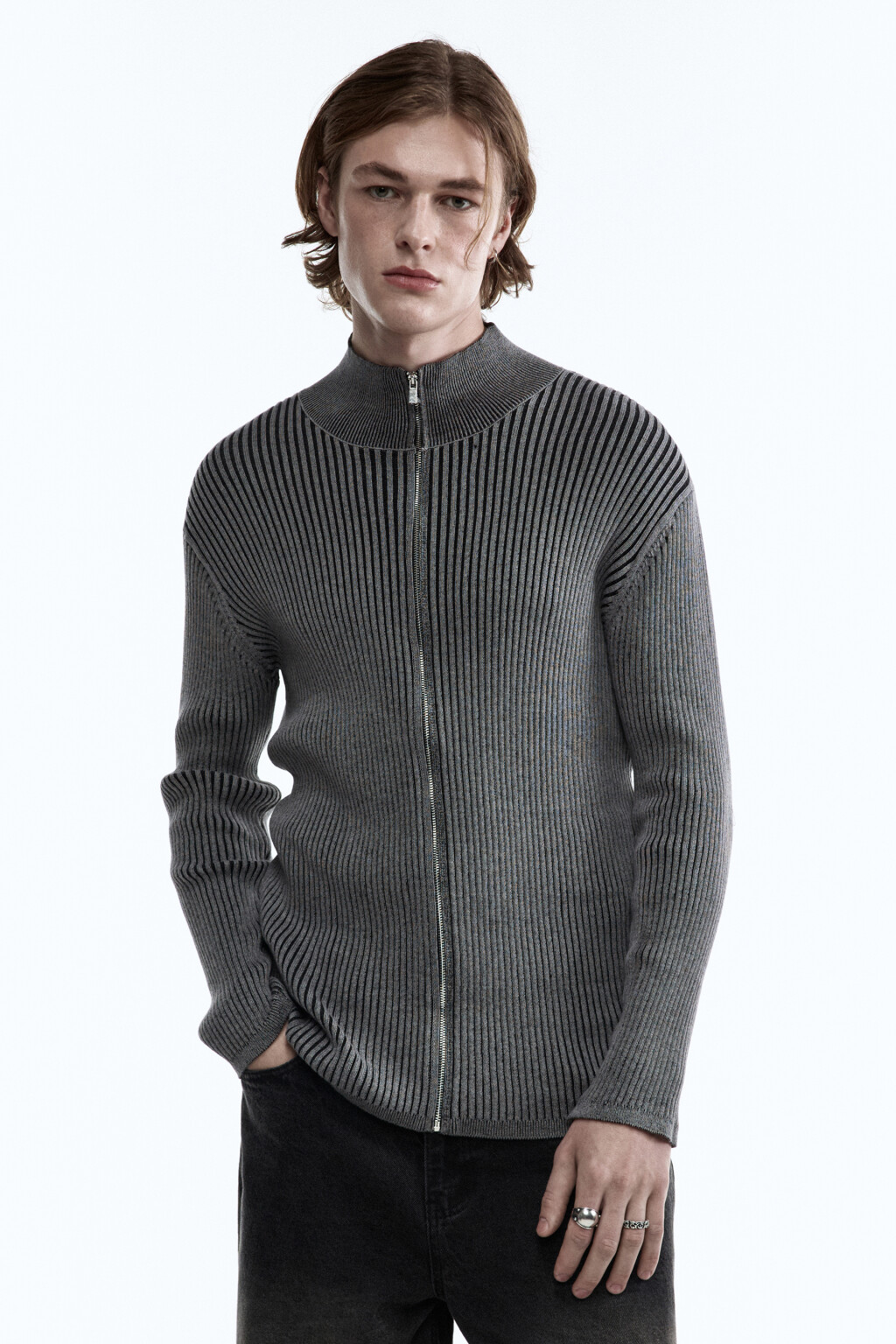 Джемпер вязаный облегающий на молнии - цвет серый - 3