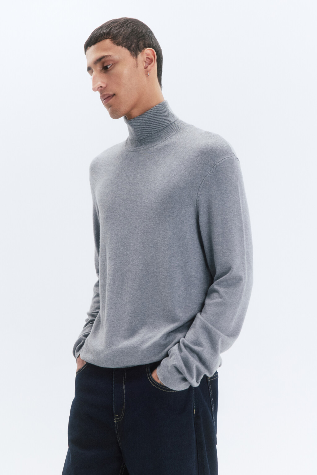 Водолазка вязаная вискозная с высоким воротником - цвет серый - 3