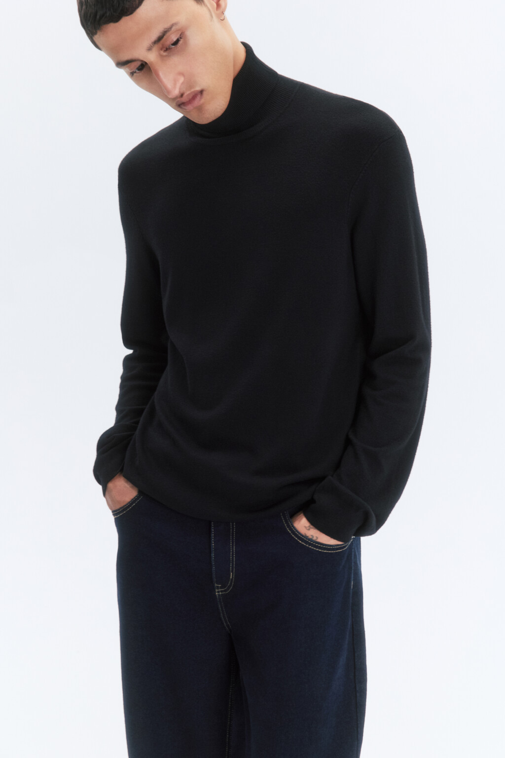 Водолазка вязаная вискозная с высоким воротником - цвет черный - 1