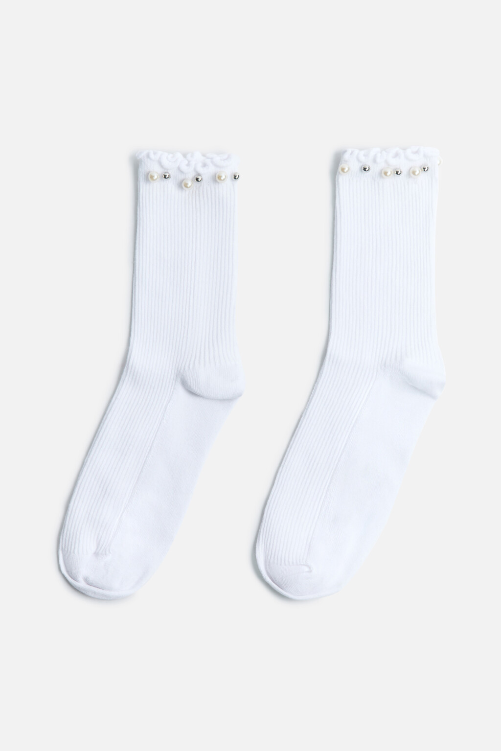 Носки в рубчик с оборками и бусинками - цвет белый - 1