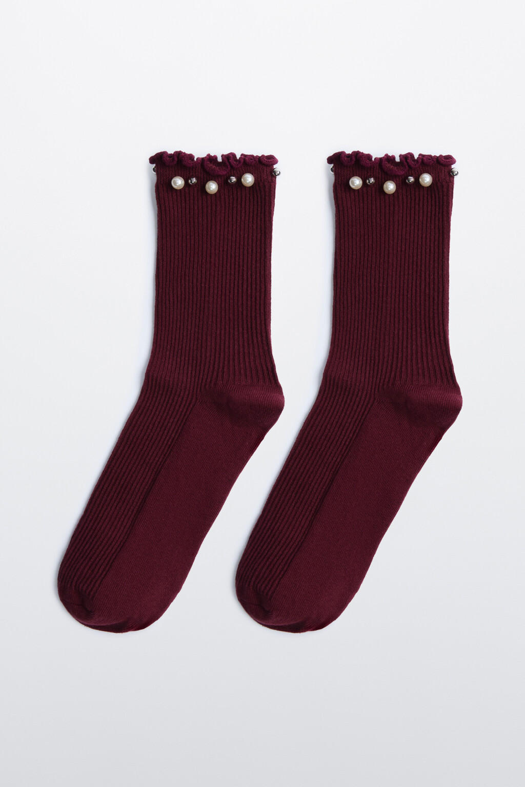 Носки в рубчик с оборками и бусинками - цвет бордовый - 1