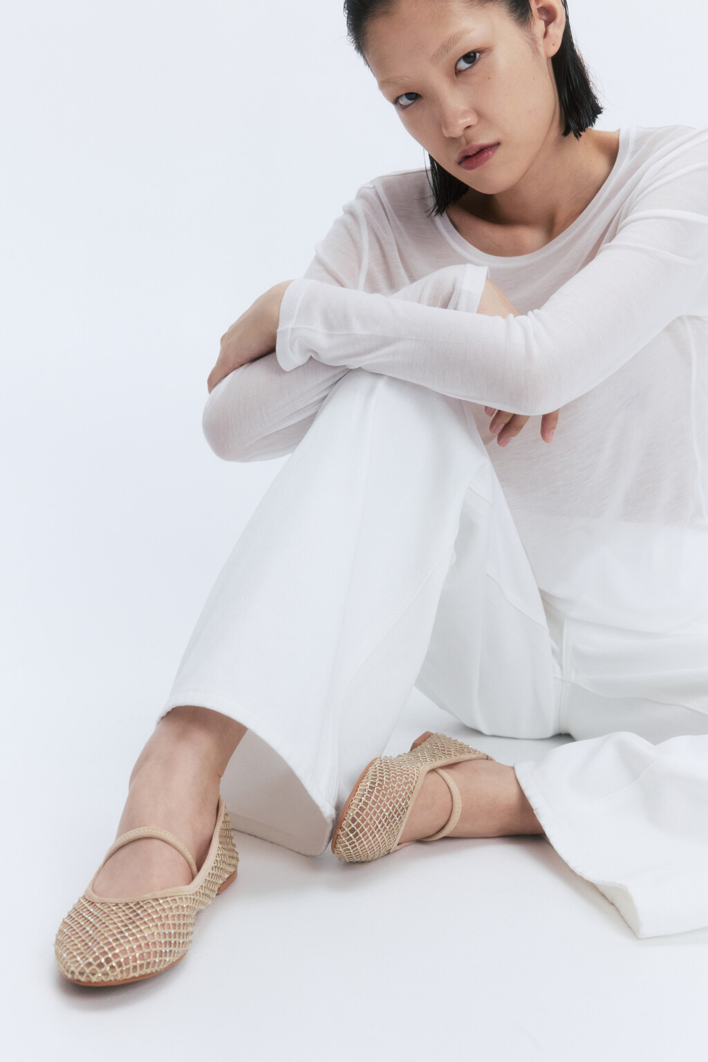 Балетки сетчатые со стразами и резинкой - цвет бежевый - 12