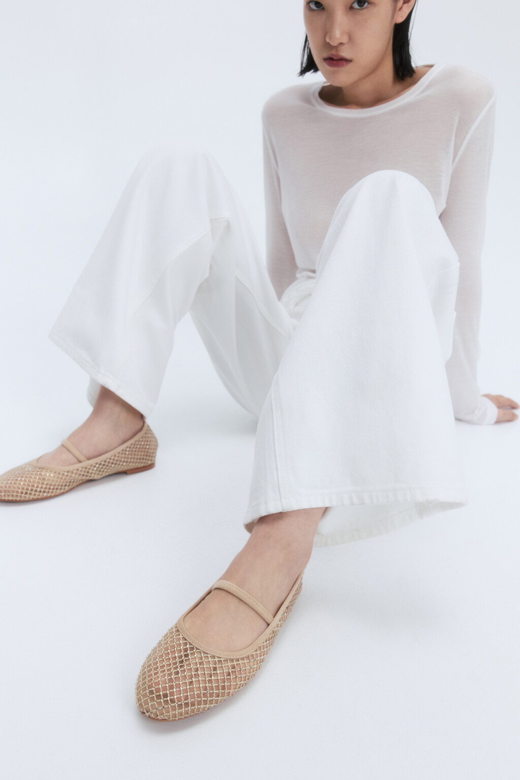 Балетки сетчатые со стразами и резинкой - цвет бежевый - 9