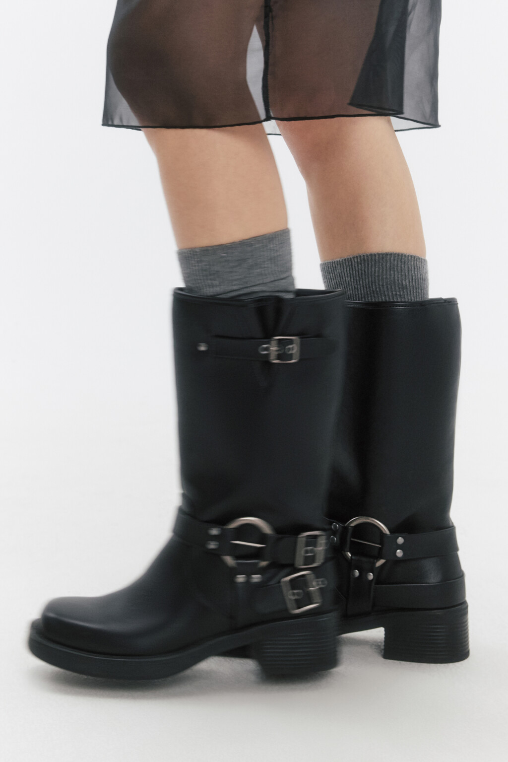 Сапоги с пряжками в байкерском стиле - цвет черный - 1