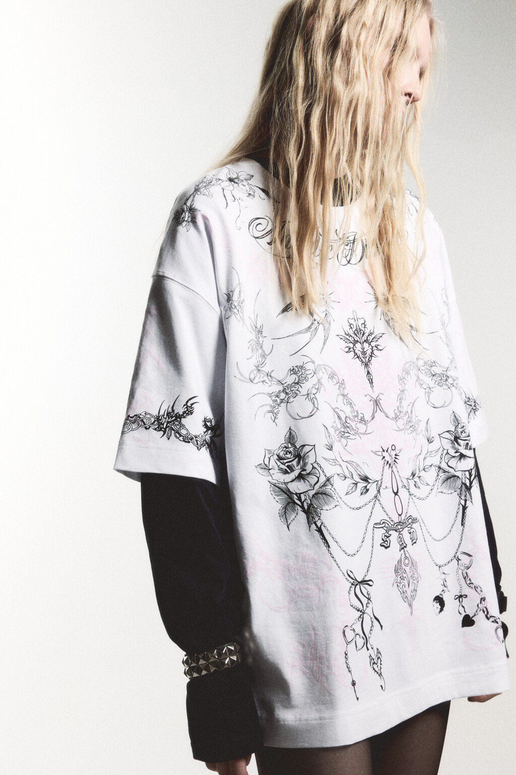 Футболка oversize хлопковая с тату-принтом - цвет белый - 1