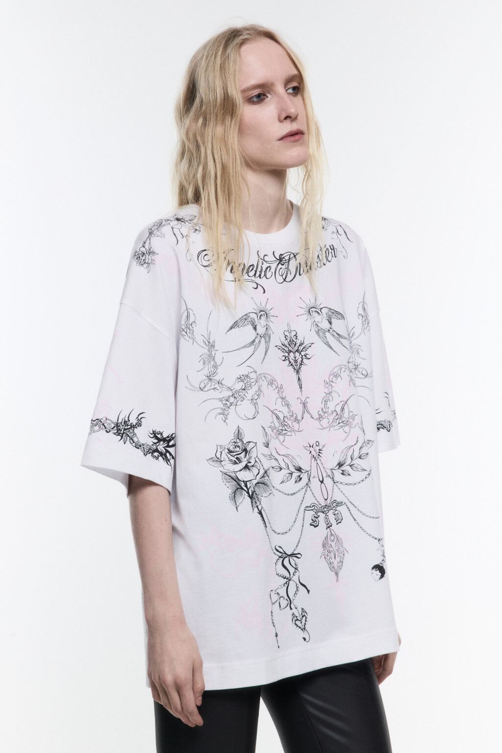 Футболка oversize хлопковая с тату-принтом - цвет белый - 3