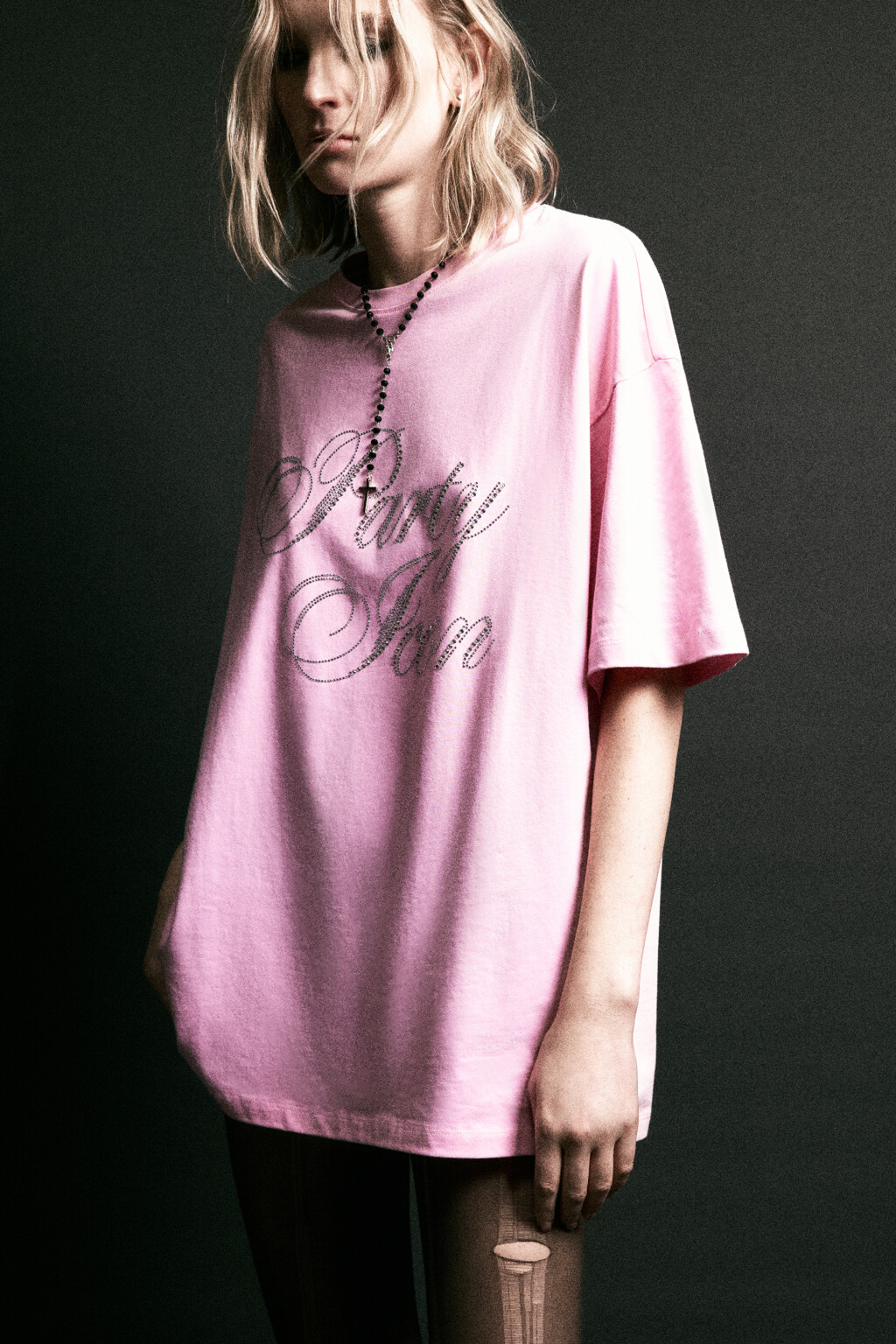 Футболка свободная с принтом-надписью - цвет розовый - 1