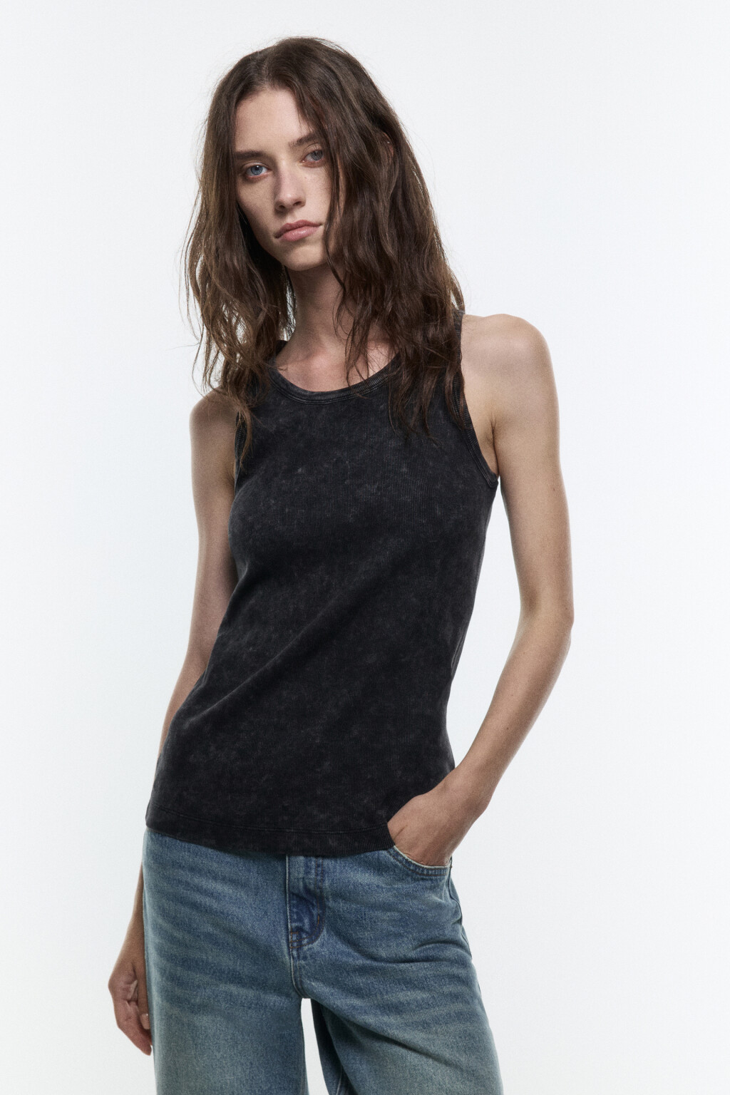 Майка в рубчик с вареным эффектом - цвет серый - 2