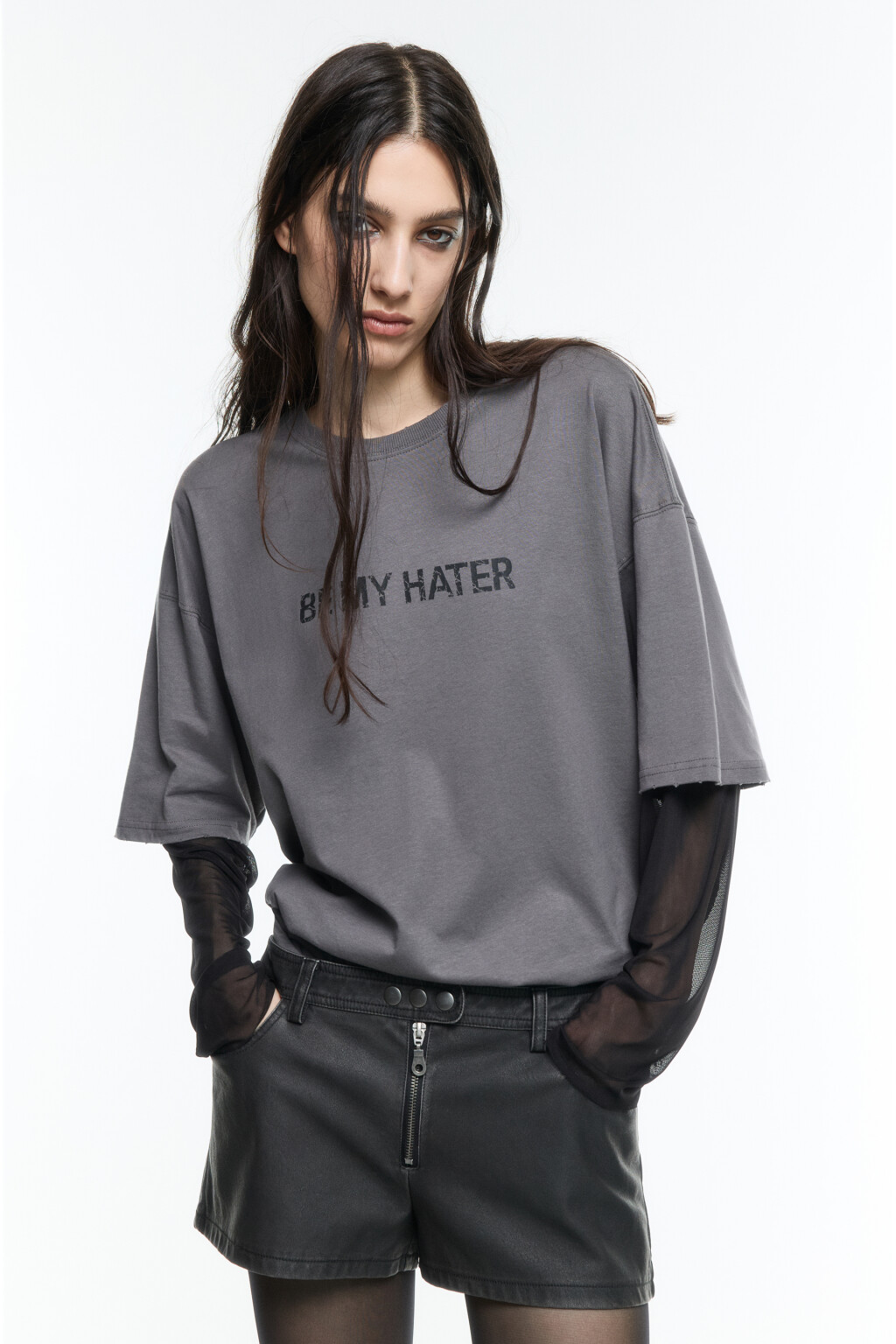 Лонгслив oversize с рукавами из сетки - цвет серый - 1