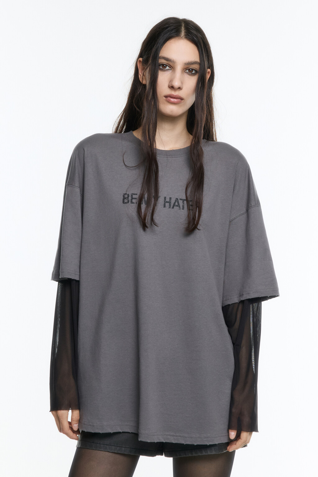 Лонгслив oversize с рукавами из сетки - цвет серый - 2