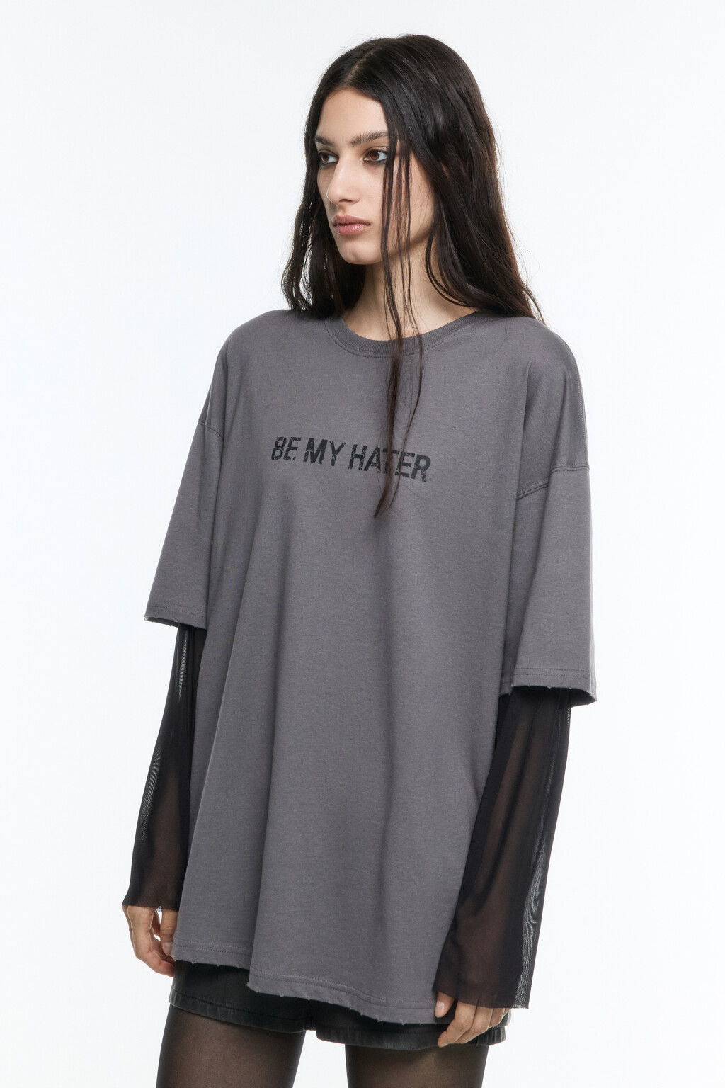 Лонгслив oversize с рукавами из сетки - цвет серый - 3