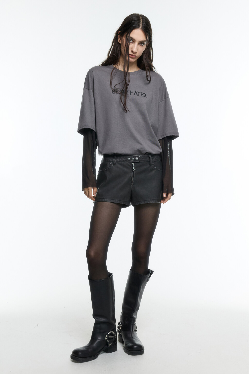 Лонгслив oversize с рукавами из сетки - цвет серый - 4