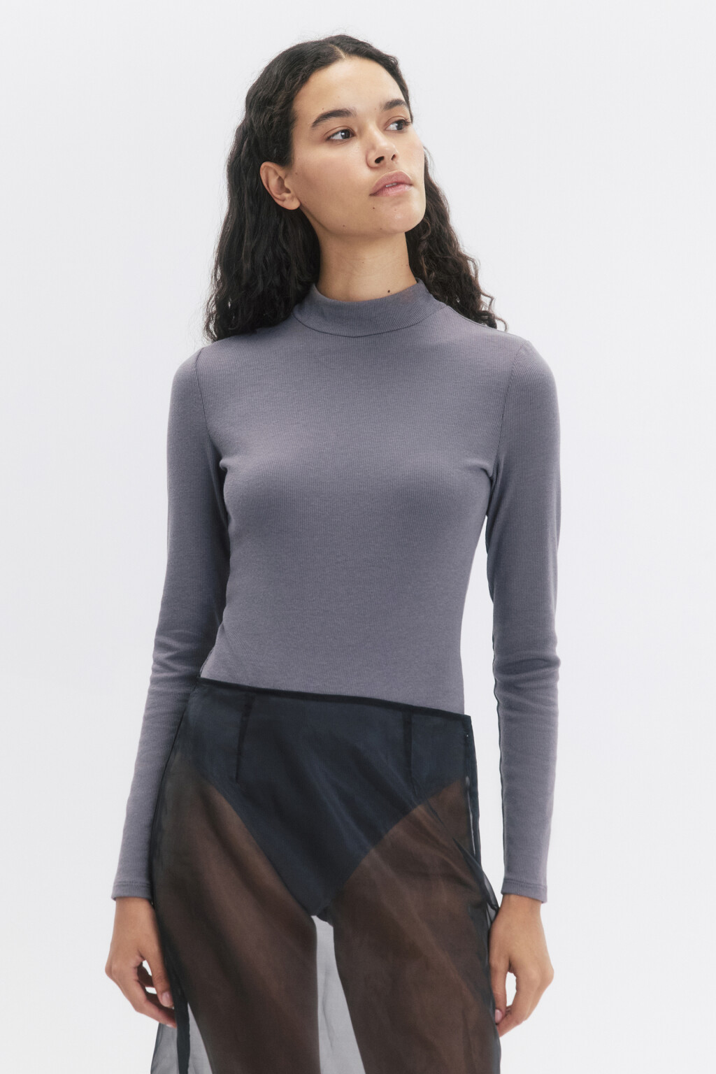 Боди-водолазка в рубчик с коротким воротником - цвет серый - 2