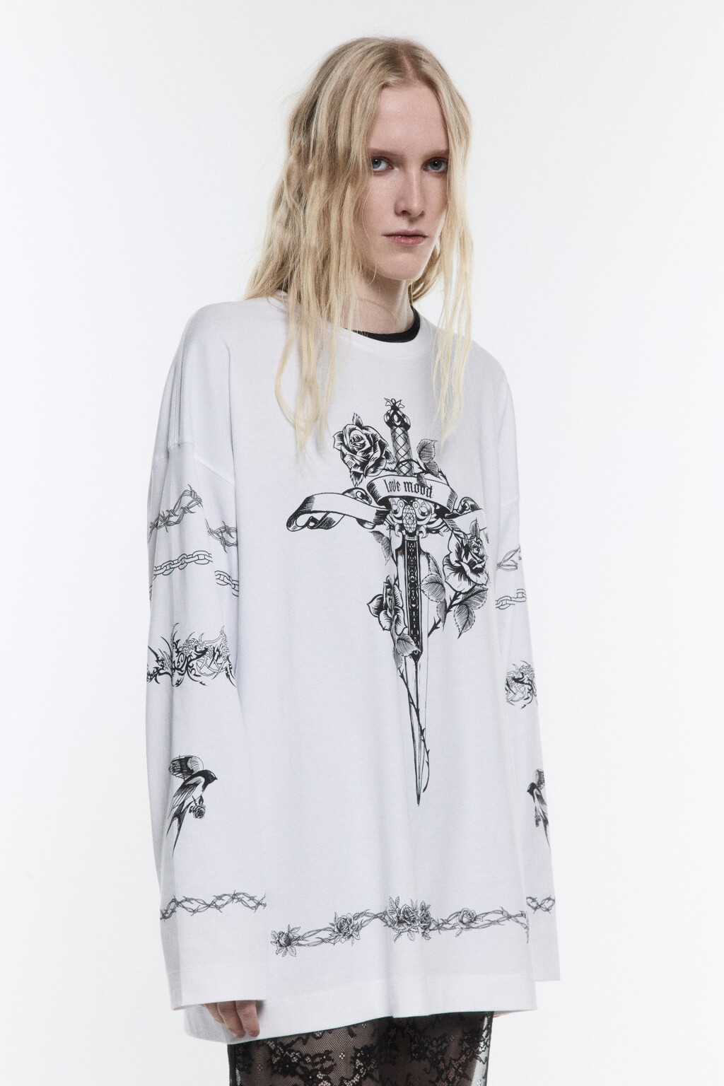 Лонгслив oversize хлопковый с тату-принтом - цвет белый - 3