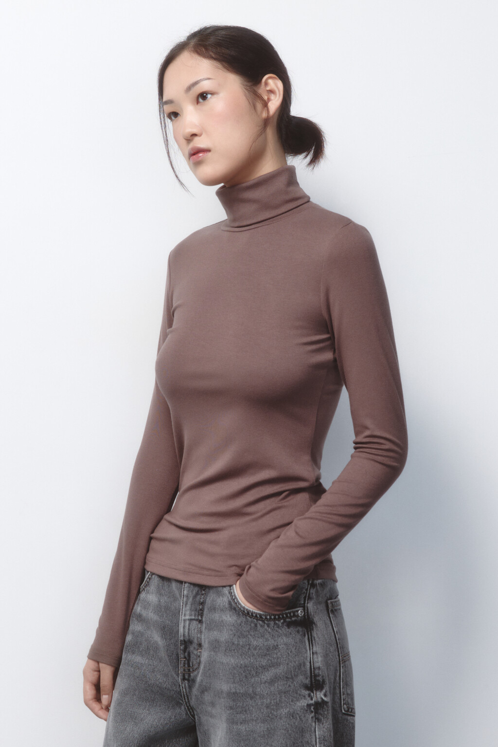 Водолазка гладкая вискозная с воротником - цвет бежевый - 3