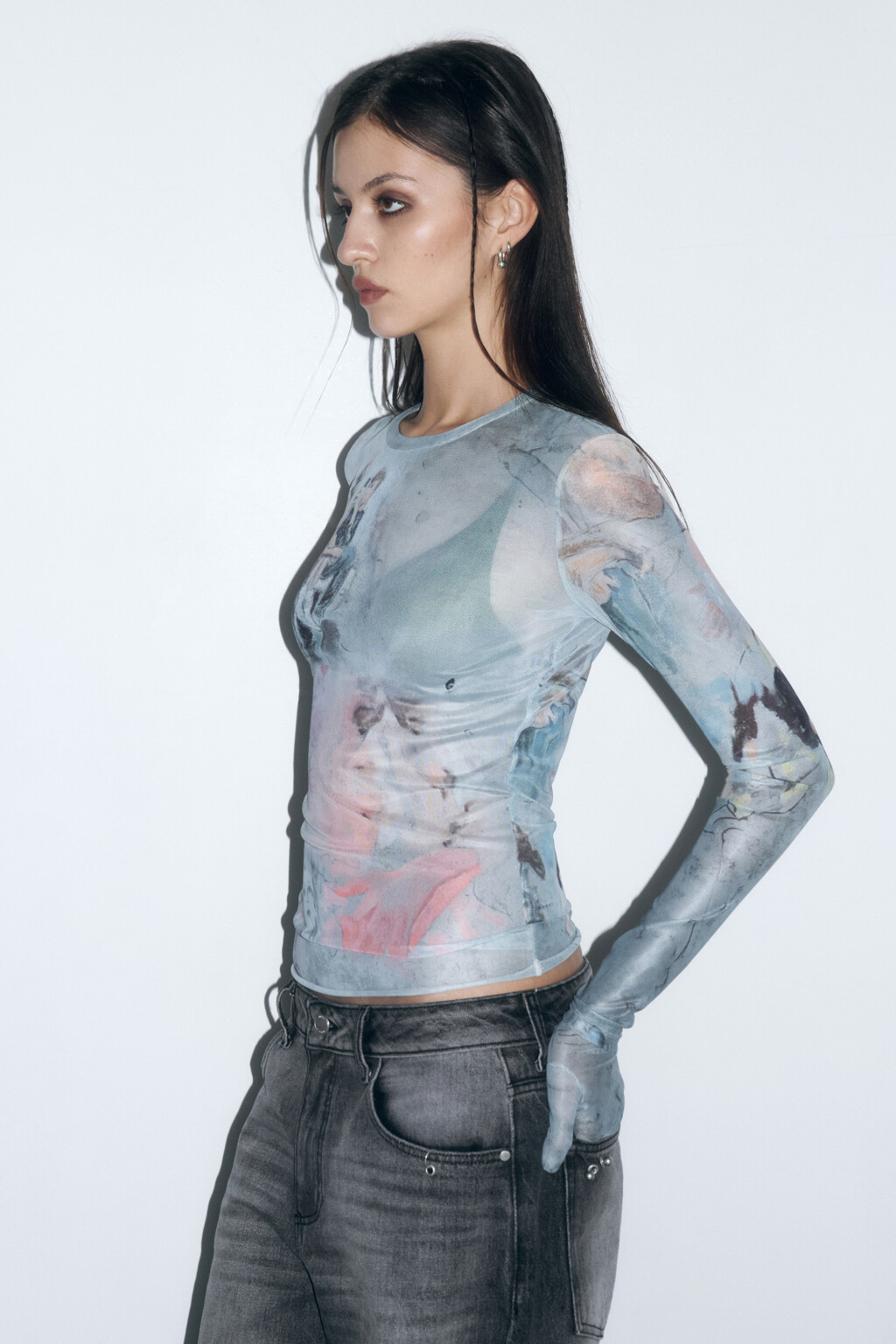 Лонгслив сетчатый с перчатками и принтом - цвет мультиколор - 3