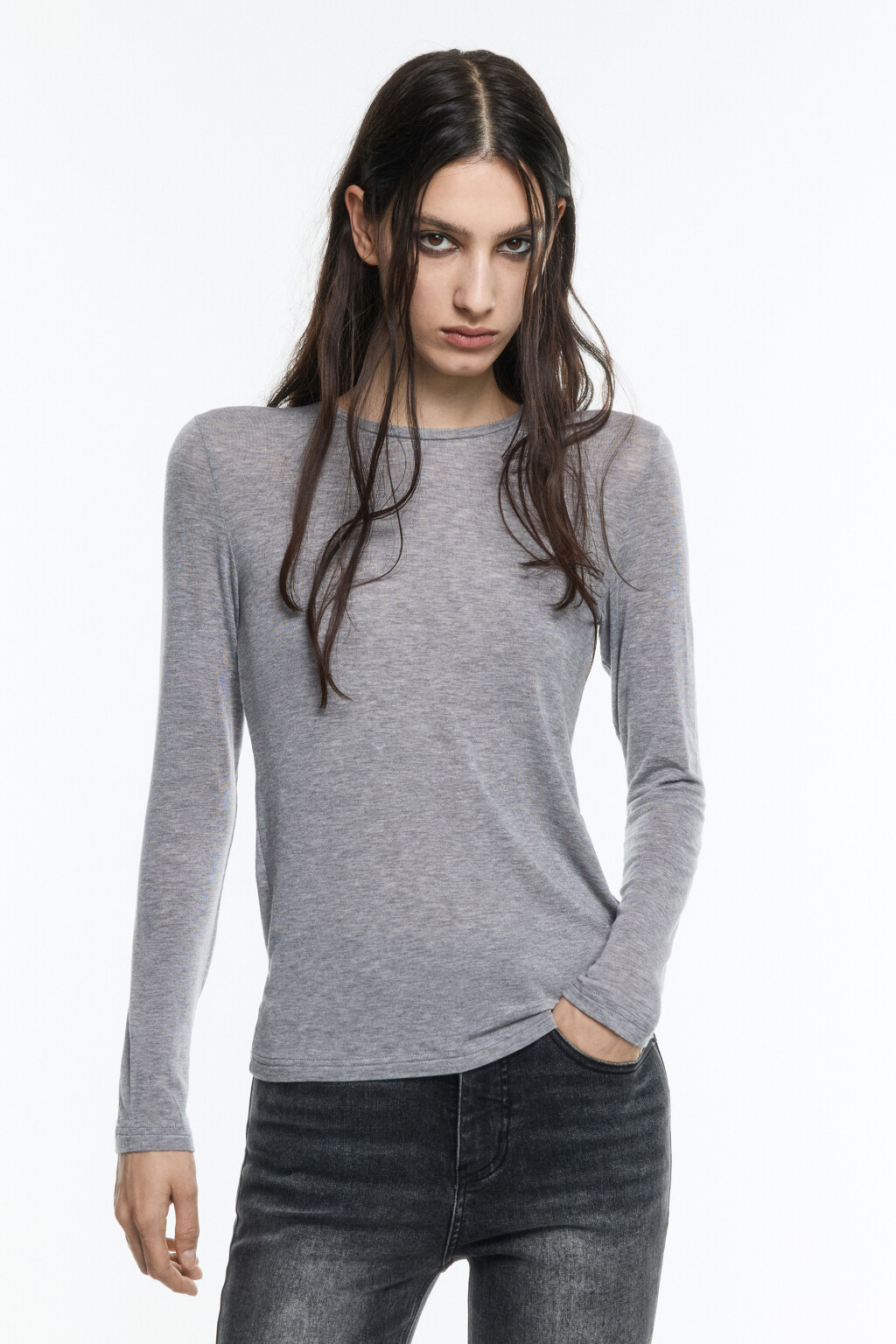 Лонгслив трикотажный из тенсела и шерсти - цвет серый - 2