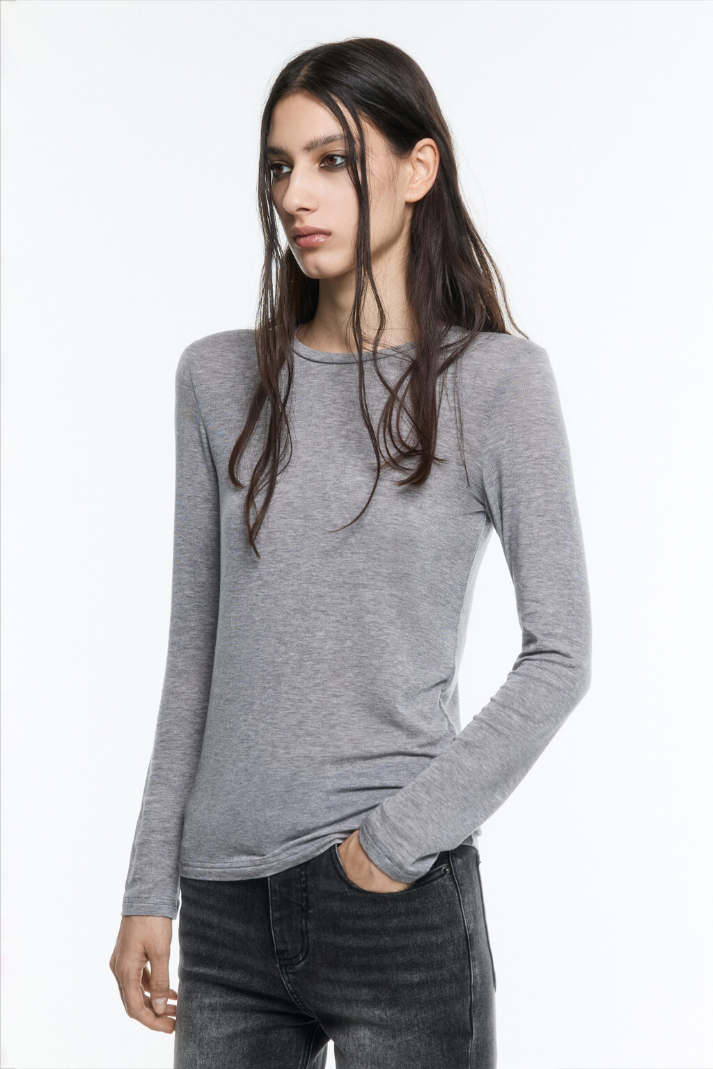 Лонгслив трикотажный из тенсела и шерсти - цвет серый - 3