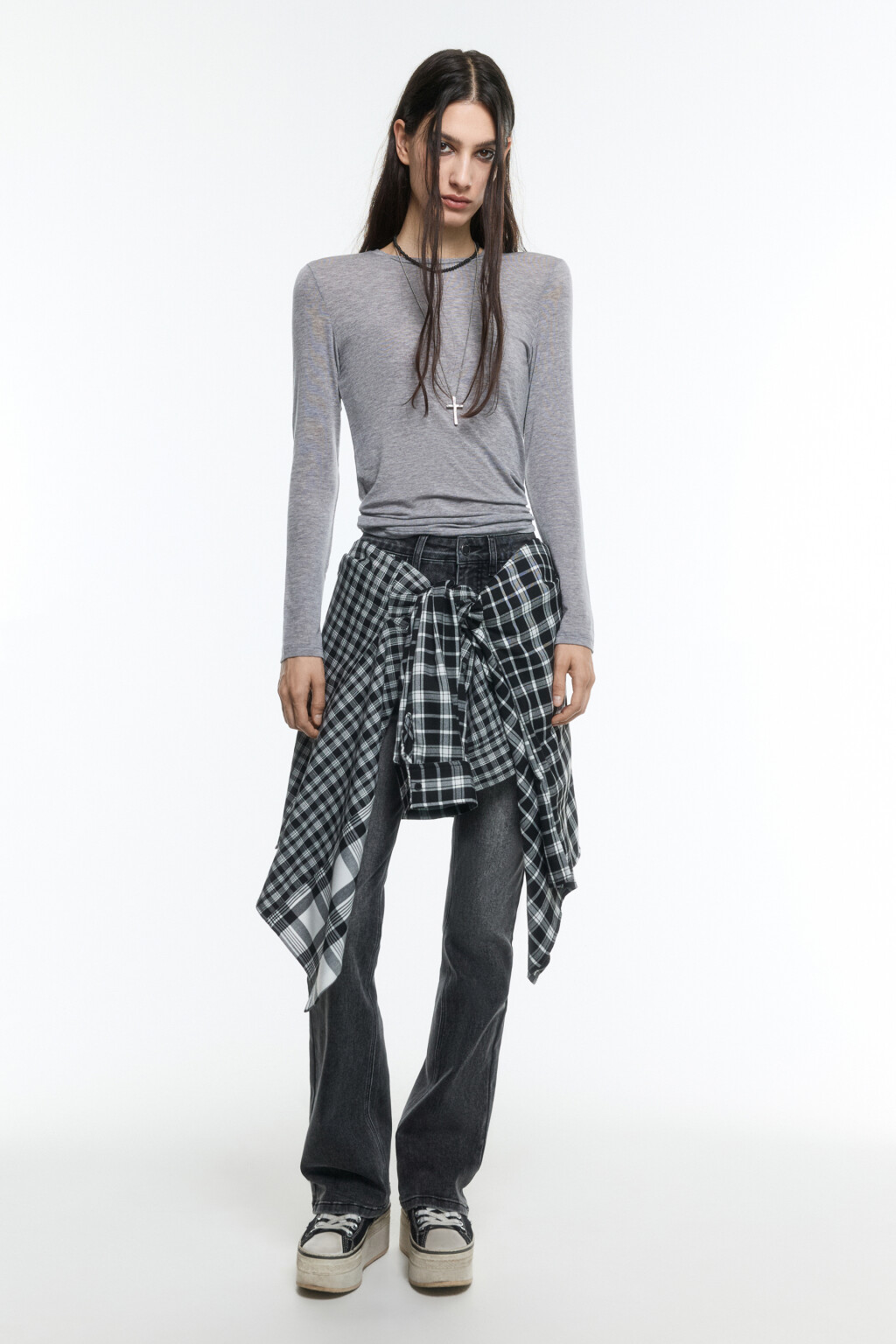 Лонгслив трикотажный из тенсела и шерсти - цвет серый - 5