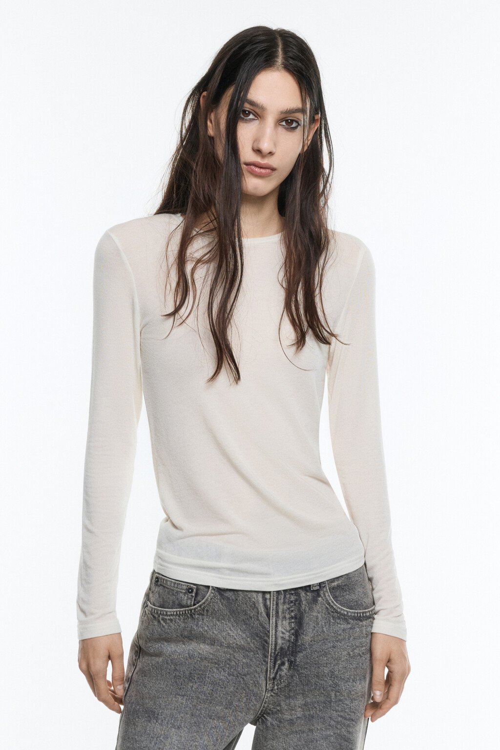 Лонгслив трикотажный из тенсела и шерсти - цвет молочный - 2