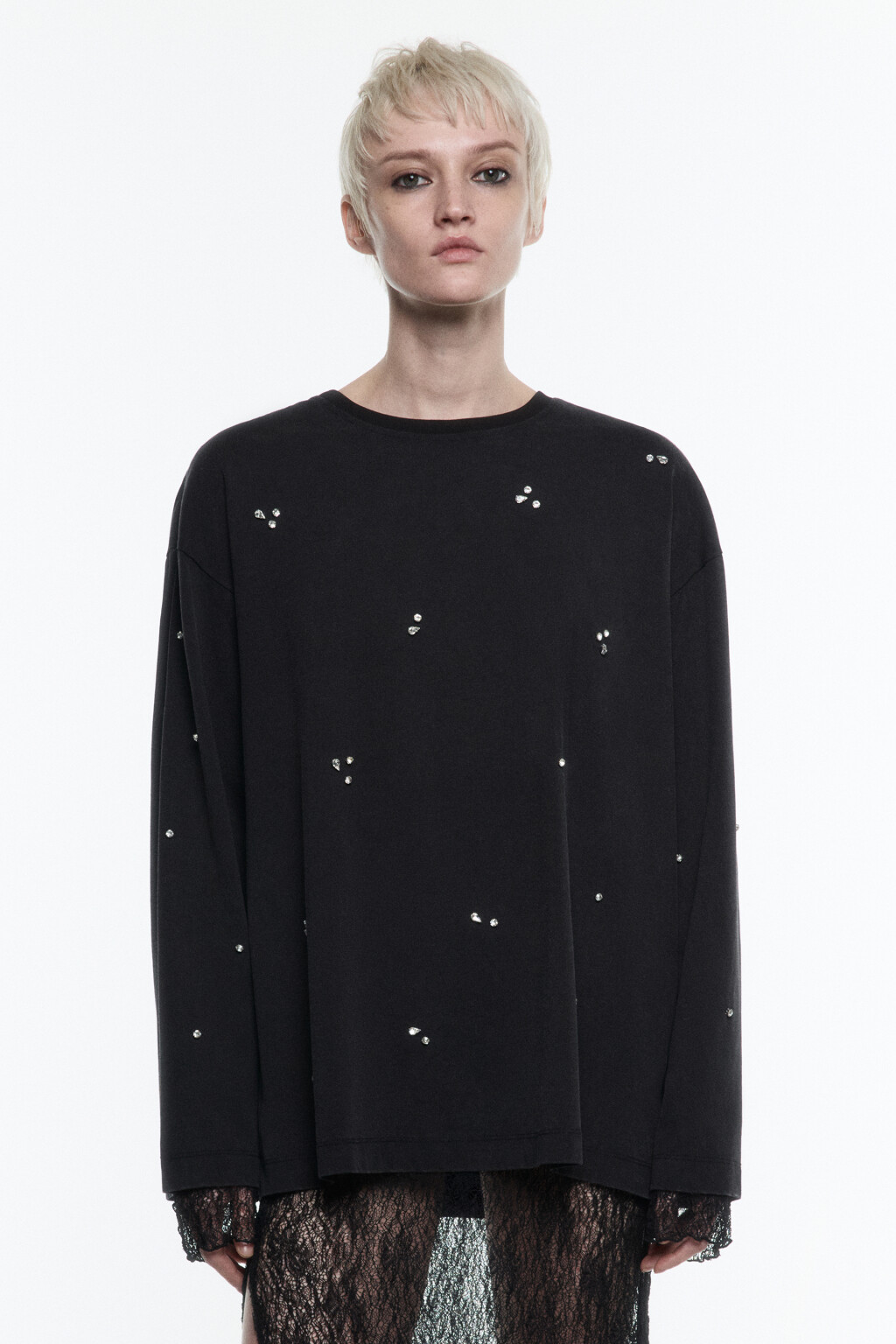 Лонгслив oversize хлопковый со стразами - цвет серый - 3