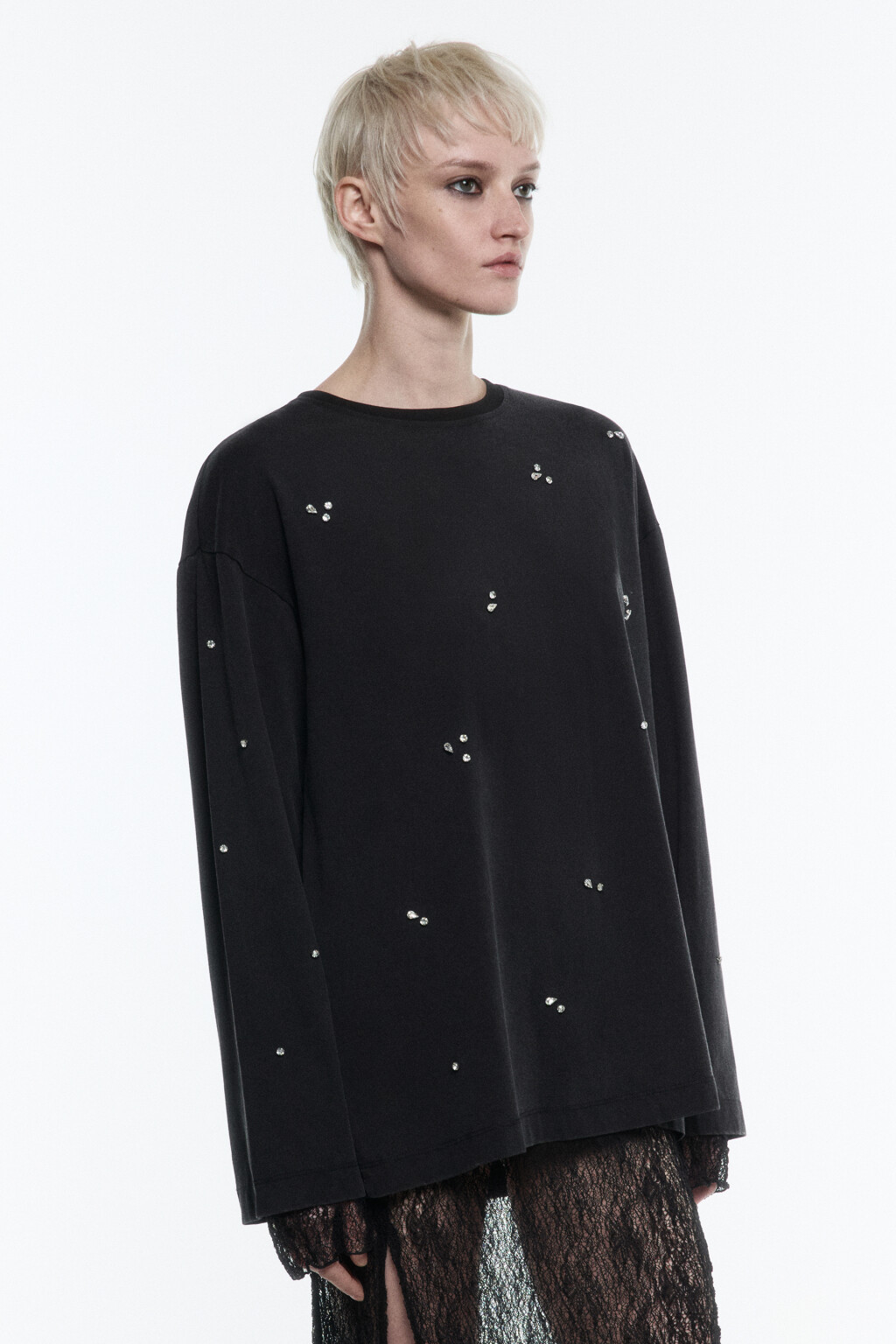 Лонгслив oversize хлопковый со стразами - цвет серый - 4