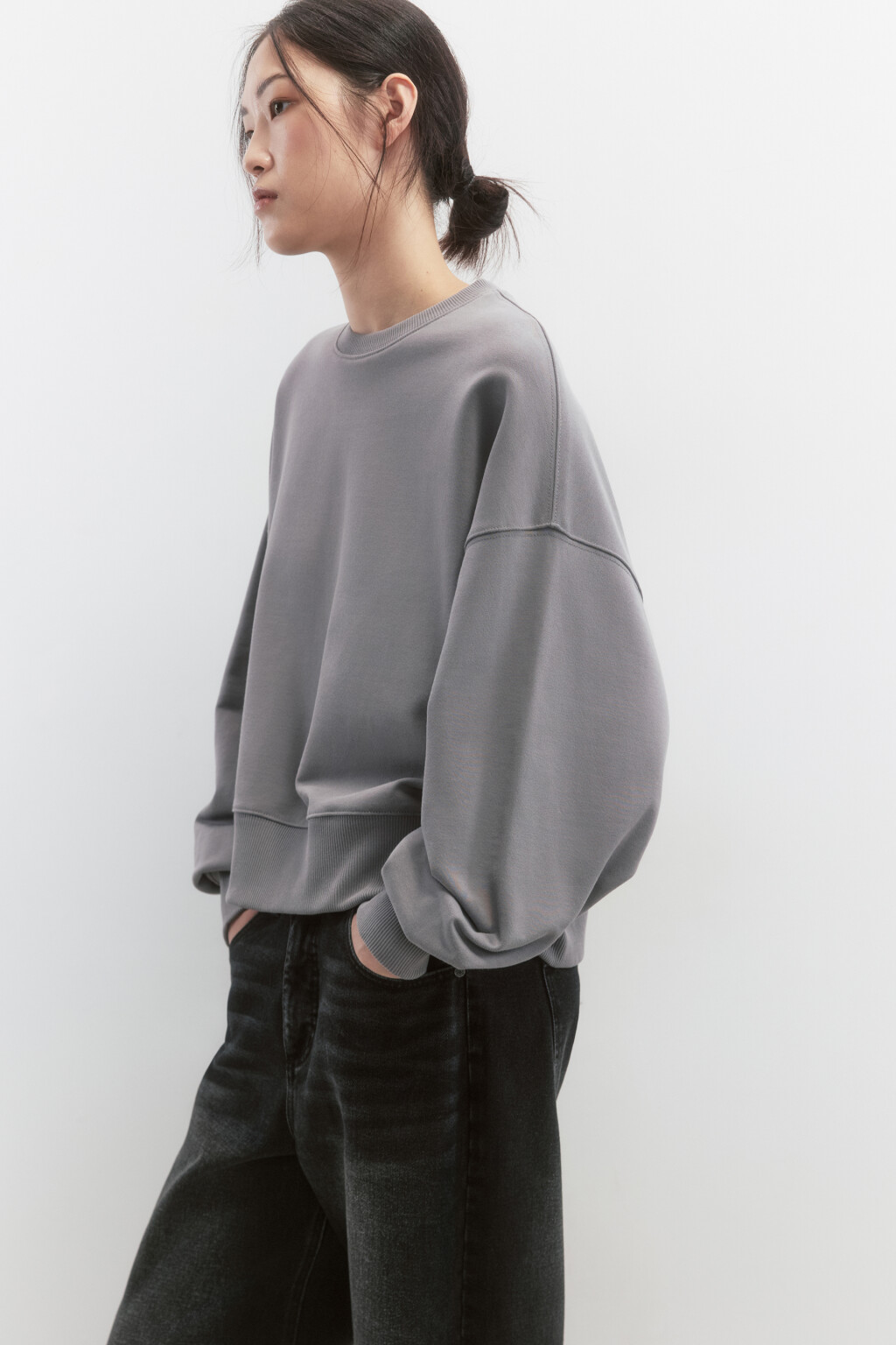 Свитшот oversize укороченный из футера - цвет серый - 1