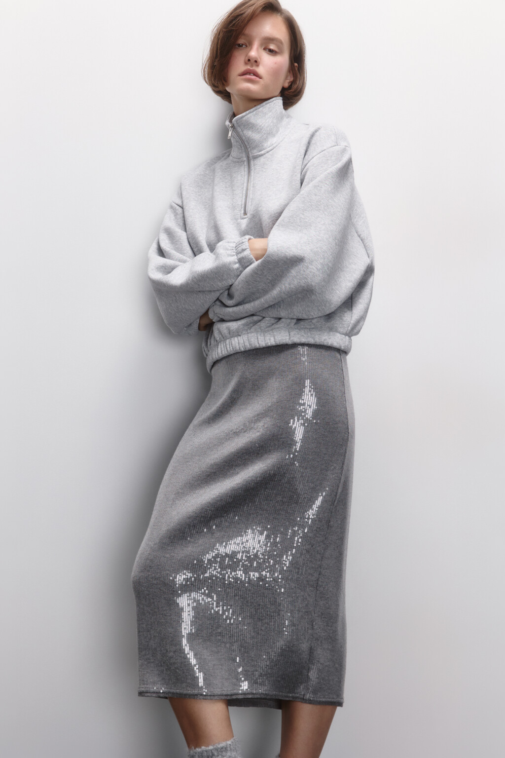 Толстовка укороченная с воротником на молнии - цвет серый - 1