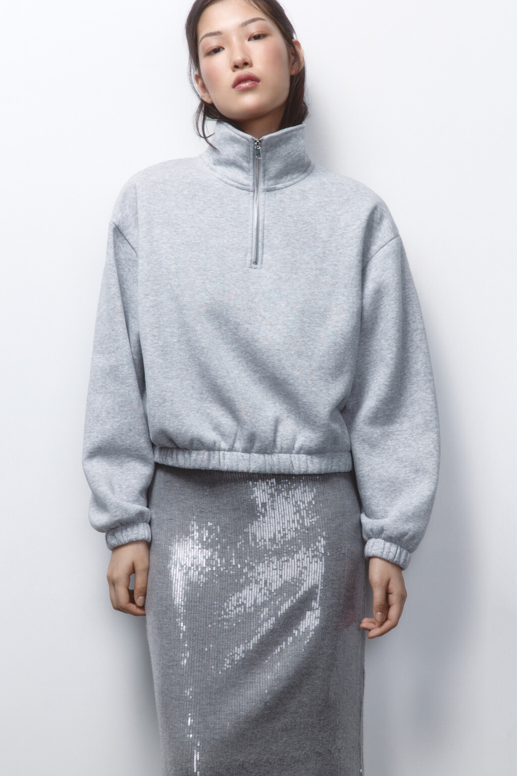 Толстовка укороченная с воротником на молнии - цвет серый - 9