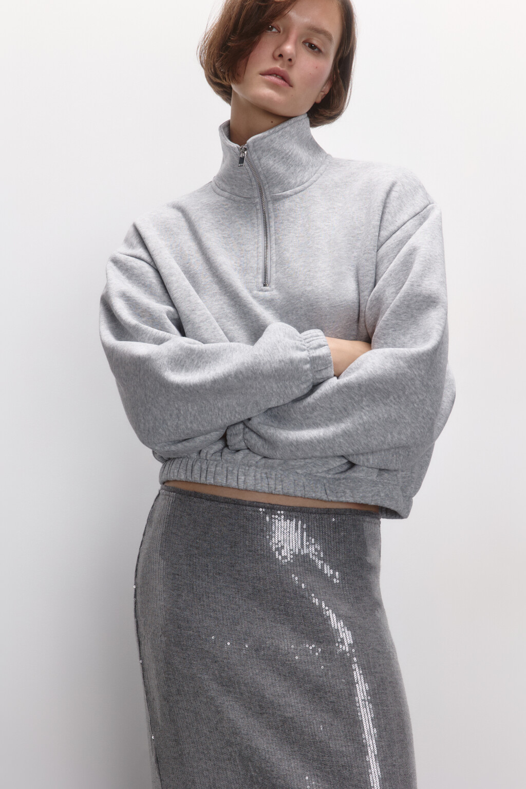 Толстовка укороченная с воротником на молнии - цвет серый - 2