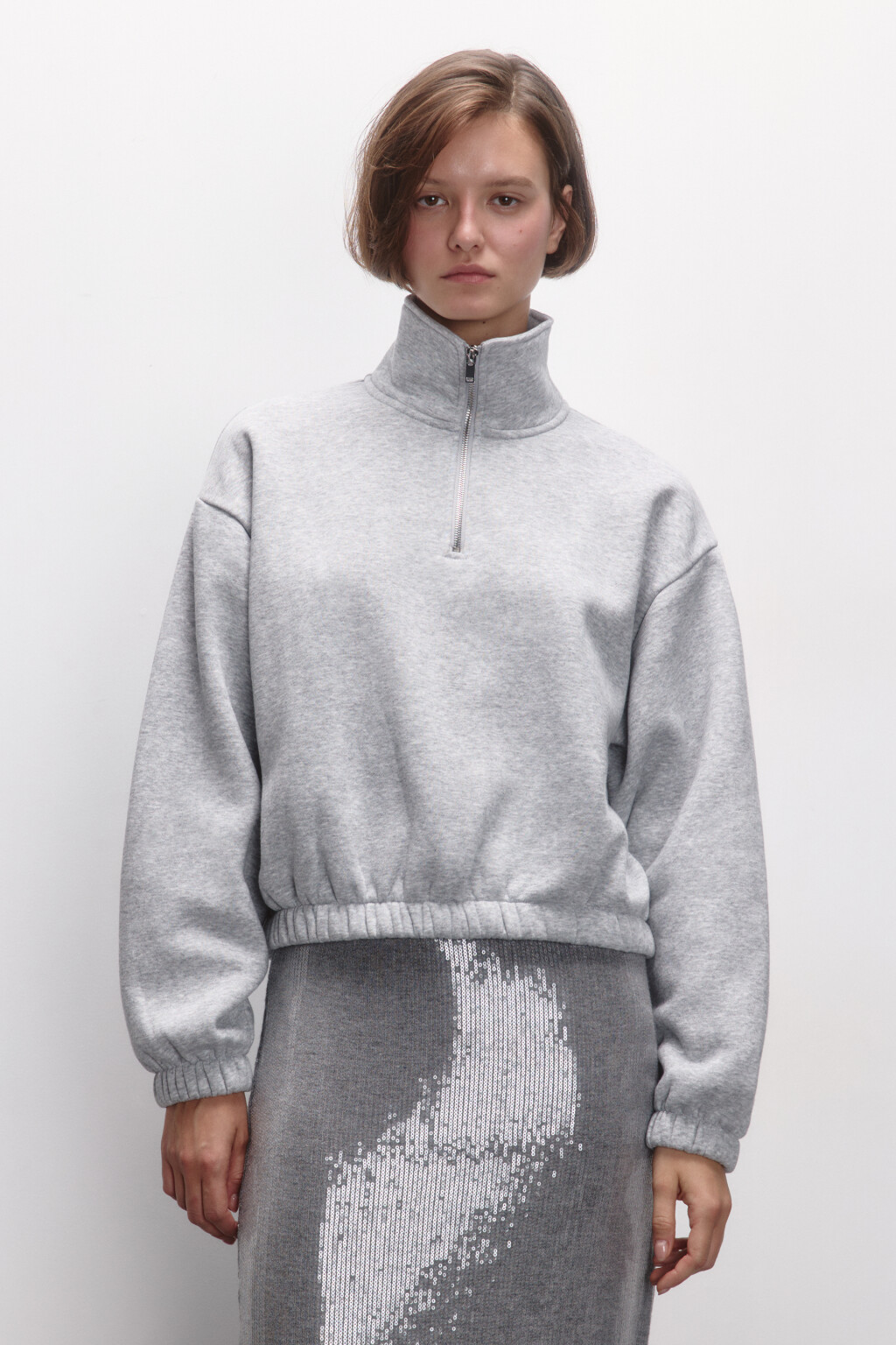 Толстовка укороченная с воротником на молнии - цвет серый - 3