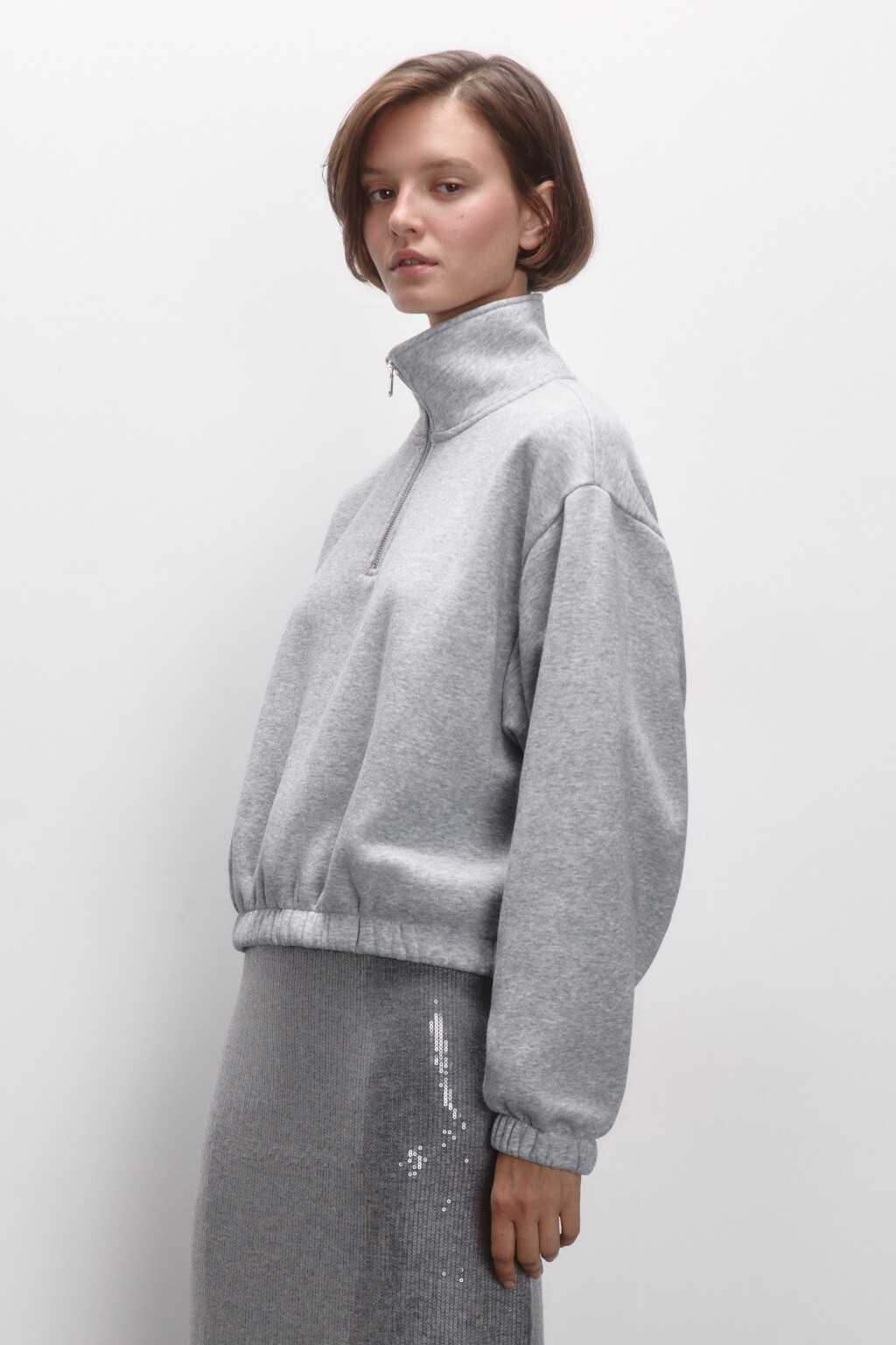 Толстовка укороченная с воротником на молнии - цвет серый - 4