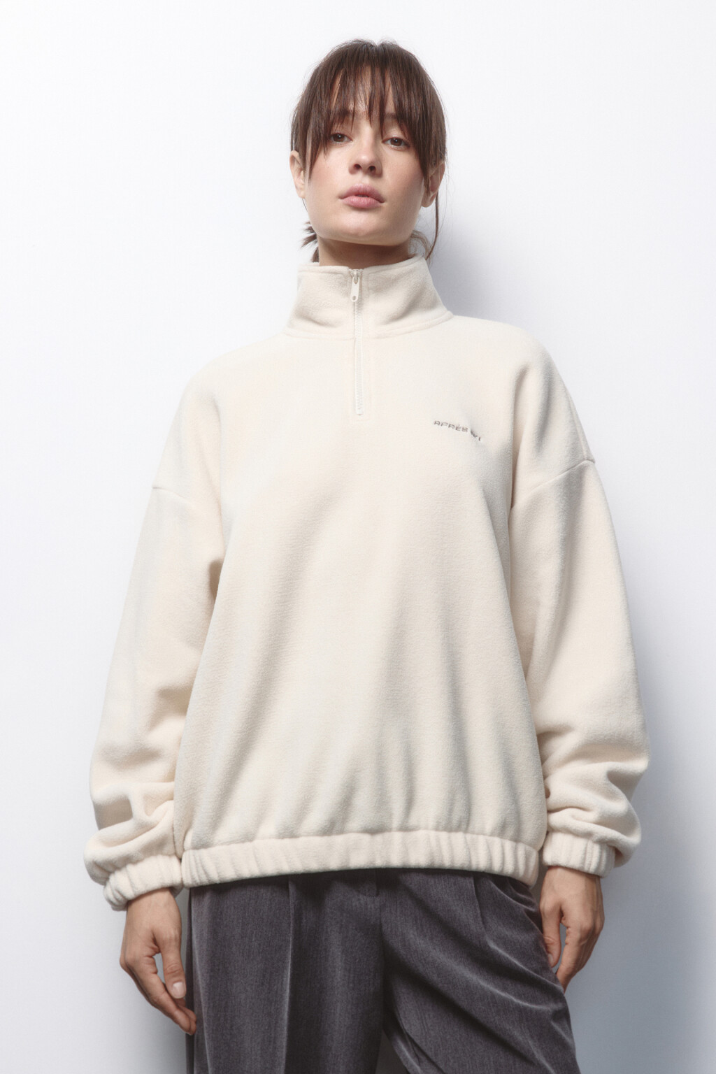 Толстовка half zip флисовая с надписью - цвет бежевый - 2